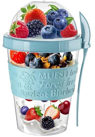 VL Yogurt Pots Spoon Reusable 600ML Overnight Oats Muesli Cup with Lid BPA free Breakfast Cereal To Go Dishwasher Safe Snack Lunch Oatmeal Jars Travel Meal Food Container 20 oz (Marble Blue)