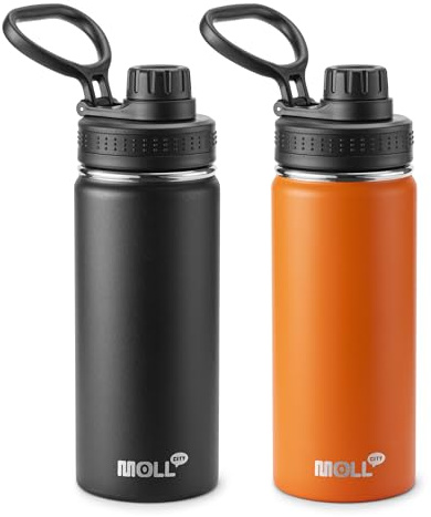 Mollcity 16 oz Water Bottle Stainless Steel Vacuum Insulated Wide Mouth Sports Flask, 2 Pack Water Bottle with Leakproof Spout Lid (Orange-Black)