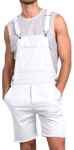 Runcati Herren Jeans Overall Baumwolle Latzhose Kurze Arbeitshose Loose Fit Männer Denim Jumpsuit mit Taschen Weiß S
