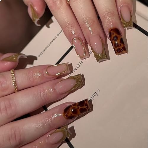 GlamRays 24 Stück French Tip Press on Nägel Lange Quadratische Leopard Falsche Nägel Braun French Tip Falsche Nägel Stick on Nägel Vollständige Abdeckung Glanzvolle Künstliche Nägel