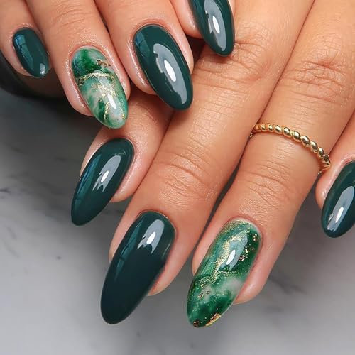 24pcs Short Almond Dark Green Ombre False Nails with Gold Foil - Press on, Removable Acrylic Nails - Full Cover Fake Nails for Women, Brides - Nail Art Accessories