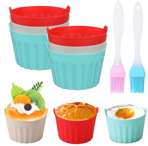 6 Stück Silikon Muffinförmchen Airfryer 9x5.5cm Wiederverwendbare Muffinform Backformen, BPA-frei Muffinform Heißluftfritteuse mit 2 Silikonölpinsel Backförmchen für Kuchen,Eincreme und Pudding