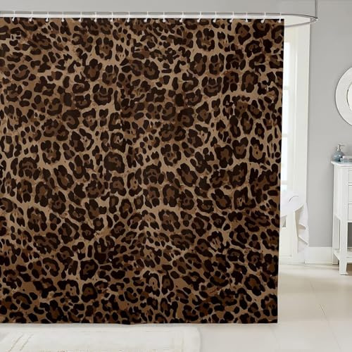 Loussiesd Leopard Drucken Stoff Duschvorhang 180x180cm Safari Geparden Druck Dekor Bad Vorhang Braun Wild Tier Duschvorhang Textil mit 12 Haken, Wasserdicht Polyester