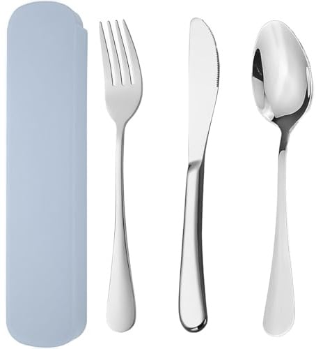 XYTAHDM 3 Pezzi Posate Da Campeggio Kit con Cassa Portaoggetti, Set di Posate Acciaio Inox, Riutilizzabili Utensili da Campeggio,per Esterni, Viaggi, Picnic, Ufficio, Scuola, Portapranzo (Blu)