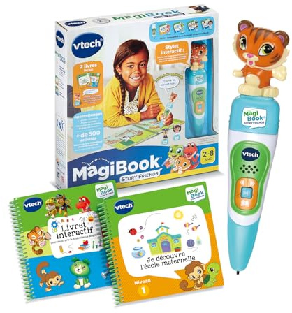 VTech - MagiBook Story'Friends Starter Pack - Coffret Complet avec Stylo Lecteur de Livre Interactif, Livre Jeu Maternelle et Figurine Tigre - Cadeau Enfant de 2 Ans à 8 Ans - Contenu en Français
