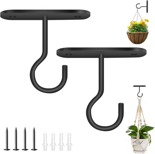DSLIHA 2PCS Ceiling Hooks for Hanging Plants, Wall Mount Plant Hanger Indoor Hanging Hooks Metal Plant Bracket Iron Lanterns Hangers for Bird Feeders, Lanterns, Wind Chimes, Planters (Black)