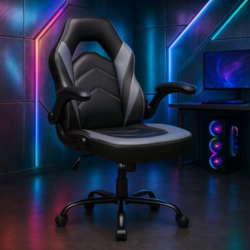 DUMOS Silla para Videojuegos ergonómica, Silla de Juegos giratoria Ajustable de Piel sintética con reposabrazos Plegables, Adecuada para el hogar, la Oficina, etc. (Negro-Gris)