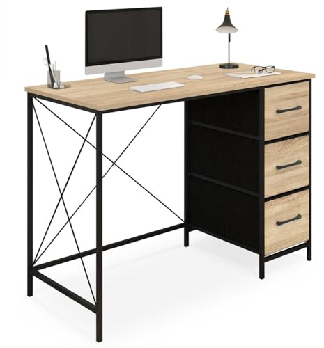 IDMarket - Schreibtisch mit 3 Schubladen aus Stoff Utah Holz und Schwarz Industriedesign