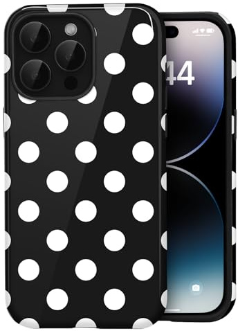 Amzfield Case for iPhone 15 Pro, Big Polka Dot Dual Layer Cute Retro, Black | Big Polka Dot Dotted Dual Layer Shockproof Retro Cute Girly for Girl Women Drop Protection Precise Cutouts Soft Touch Stylish