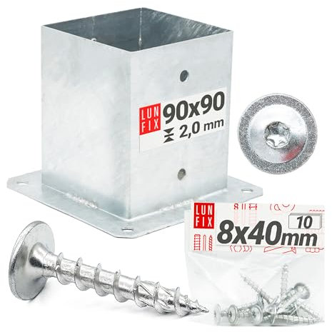 Lot de 10 supports de poteau 90 x 90 mm avec vis 8 x 40 mm, douille à visser pour poteaux en bois, douille de sol, chaussure de poteau, chaussures de poutre, argenté, galvanisé à chaud Lun Fix