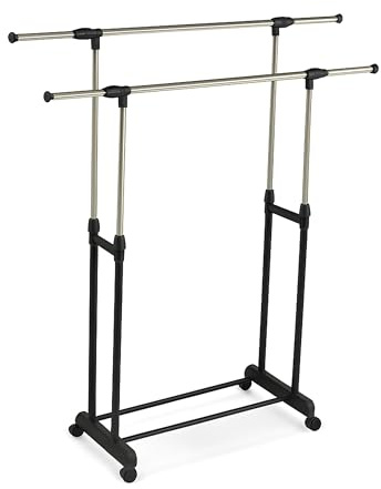 Relaxdays garment rack, mobile, adjustable double clothes rail, 85–148 cm height, 85–141 cm width, silver/black