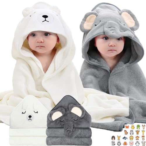 ZenyTra 2er-Set Baby Kapuzenhandtücher 80x80 cm | Weiche Bambus-Badehandtücher Mit Bär & Elefant Design | Für Babyschwimmen, Baden Zu Hause & Als Geschenk Zur Geburt (Weiß & Grau, Inkl. 25 Tier-Sticke