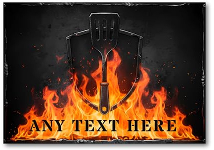 Personalised Aluminium BBQ Plaque - Flaming Spatula Grill Sign for Garden, Kitchen & Man Cave - Metal Wall Plaque for Barbecue Lovers