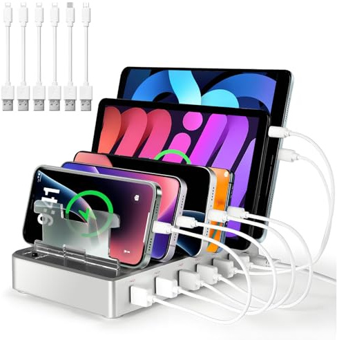 Stazione di ricarica da 300 W per più dispositivi, stazione di ricarica rapida a 6 porte, compatibile con iPhone, iPad, tablet Android, casa, ufficio, organizer da viaggio
