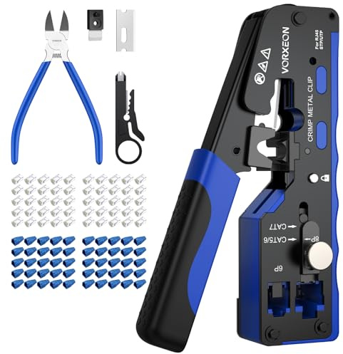 VORXEON Cat7 Crimpzange Set, Upgrade RJ45 Durchgangsdesign, Schneiden/Abisolieren/Crimpen, Mini-Abisolierer, 50x Stecker & 50x Tüllen, Netzwerkmontage-Kit