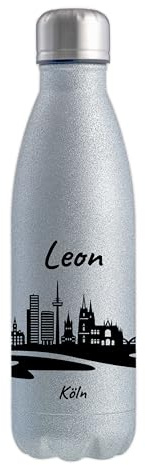 Gravur-Max Glitzer Trinkflasche 500 ml personalisiert – Edelstahl Trinkflasche mit funkelnder Oberfläche – bedruckt mit der Skyline von Köln - auslaufsicher, BPA-frei & mit Namen bedruckt - Silber