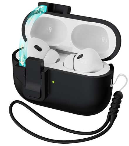 R-fun Schutzhülle für AirPods Pro (2. Generation), Flüssigsilikon, automatischer Pop-up-Mechanismus, stoßfest, weich, mit Trageband und Reinigungsset, LED-Beleuchtung vorne, A-schwarz