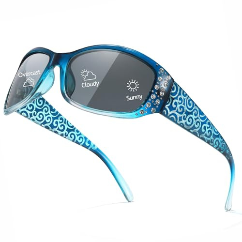 Myiaur Photochromic Polarised Sunglasses for Women Anti Glare | Trendy Rhinestone Wrap Around UV400 Shade for Driving & Everyday Style