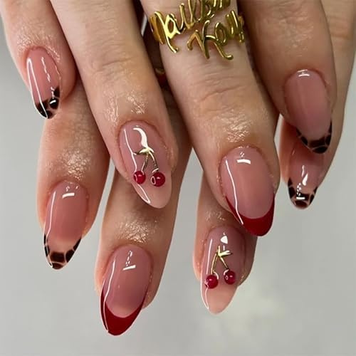 Red French Tip Press On Nails – 24Pcs Short Almond False Nails - Nude Base with Adorable Cherry & French Design - Full Cover Acrylic Stick On Nails with Glue - Easy Apply, Long Lasting