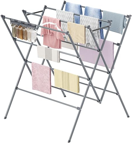 HOMIDEC Clothes Airer, Foldable Clothes Drying Rack with Sock Clips | Airer for Indoor Outdoor Use, Stainless Steel Clothes Horse, Space Saving Laundry Drying Rack, Grey