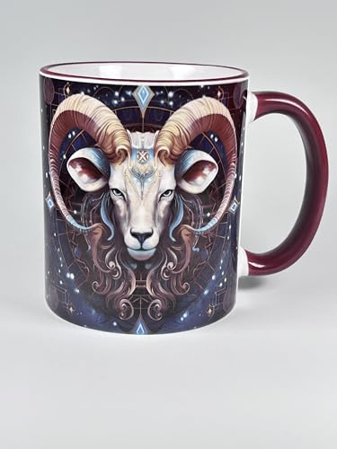 Lasergravur-Shop24 Keramik Tasse mit Widder Sternzeichen Motiv, 330ml, Maroon-Weiß-Glänzend, Mystisches Astrologie Design, Zeitgenössisch