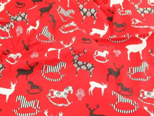 Baumwollstoff mit Hirsch- und Schaukelpferde-Aufdruck, rot, Meterware