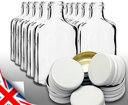 Brand 10 Pocket Flask Bottles 200ml for Wine, Whisky or Spirits with White Screw caps