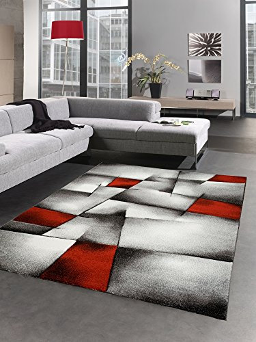 CARPETIA Moderner Teppich Kurzflor Wohnzimmerteppich Konturenschnitt karo abstrakt grau schwarz Weiss rot Größe 120x170 cm