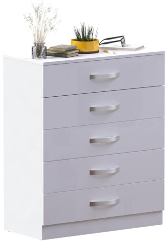 Vida Designs Hulio High Gloss 5-Schubladen-Kommode, Weiß, 90 x 75 x 36 cm