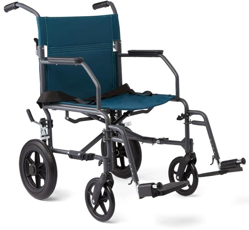 Medline Durable Folding Steel Transport Wheelchair with 12-Inch Wheels, 19-Inch Seat Width, Gray Frame, Microban, Teal Upholstery