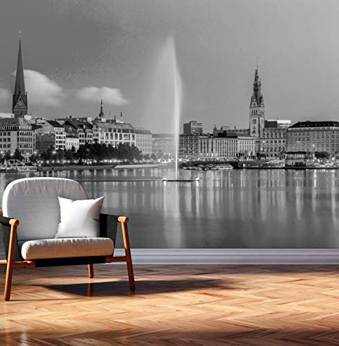 Vlies Tapete XXL Poster Fototapete Hamburg Alster Nacht Farbe schwarz weiß, Größe 300 x 220 cm