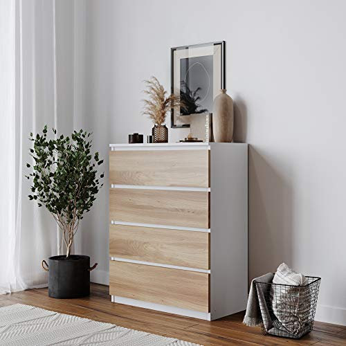 URBNLIVING 4 Or 5 Drawer Skagen Wooden Bedroom Chest Cabinet No Handle Storage Cupboard Modern (White Carcass + Oak Drawers, 4 Drawers)