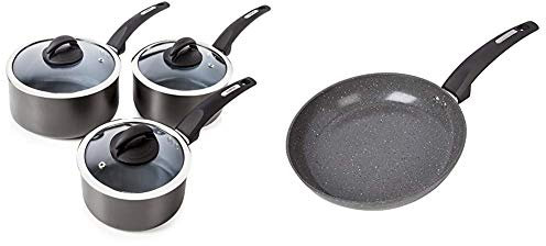 Tower Cerasure Non Stick Induction Saucepans Sets with Lids, Graphite, 3 Piece Set, 16/18/20 cm & Cerastone Induction Frying Pan Non-Stick Ceramic Coating, Forged Aluminium, Graphite, 24 cm