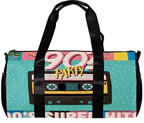 Runde Sporttasche mit abnehmbarem Schultergurt, Retro-Klebeband, 90er Jahre Super Hits Training Handtasche für Damen und Herren