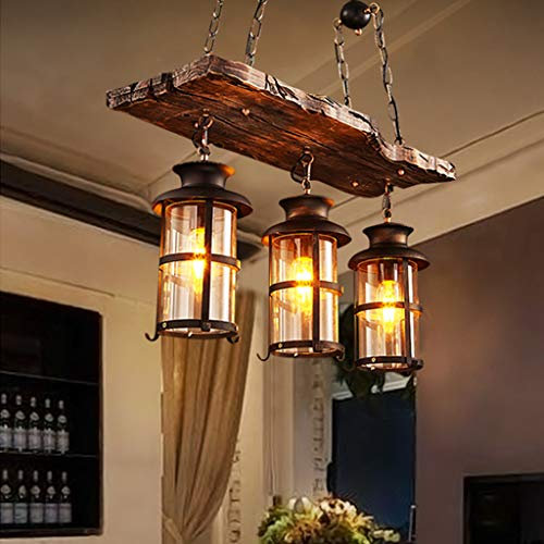 Vintage Pendelleuchte Retro Hängeleuchte Industrielle Restaurant Lichter Holz Und Metall Loft Bar Glaslampenschirm Pendellampe Höhenverstellbar E27 Hängelampe Esszimmer Wohnzimmer Café,3 heads