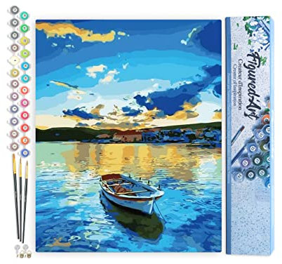 Figured'Art Peinture par Numéro Adulte Barque et Lever de Soleil - Activité Manuelle Kit de Loisir Créatif DIY Numéro d'art Complet - 40x50cm sans châssis en Bois