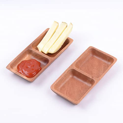 VieWood Kleine Holzschale 2er Set (15,5 cm Länge x 2,0 cm Höhe) für Gewürze, Dipsoße, Ketchup, sehr kleine Holzschale für Marmelade, Vorbereitung, Olive (2 Fächer)