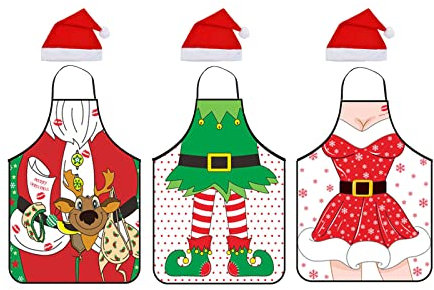 AWOCAN Delantal de Navidad y sombrero Set Navidad Santa Claus Delantal de la cocina de Navidad Delantal de Navidad de vacaciones accesorio de disfraz decorativo