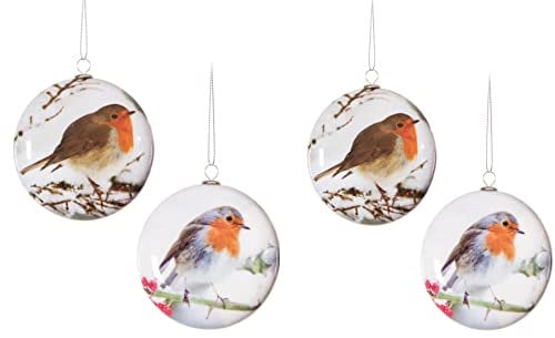 LuxuryBaubles Set of 4 Luxury ROBIN Bauble Design Glossy Round Christmas tree Baubles Decorations - 8cm