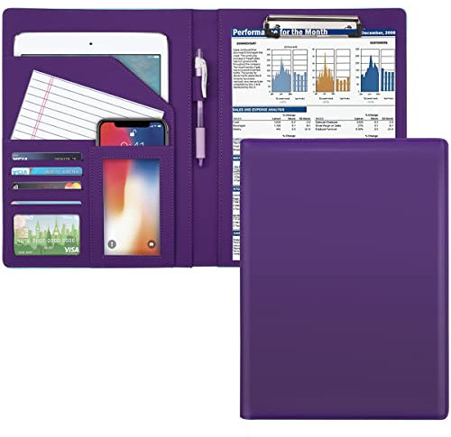 WAVEYU Portfolio-Ordner für Lebenslauf, Padfolio mit Klemmbrett, Schreibmappe aus Leder mit Klemmbrett für A4-Schreibblock, für Geschäftskonferenzen, Notizblock, Klemmbretter, Lila