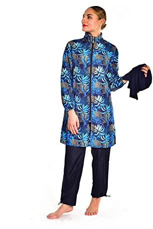 ABEUTY Women Modest Swimsuit Full Suit Plus Size Burkini Islamic Modest Print (2XL, Dark Blue)