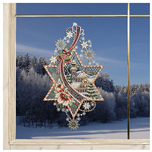 DSD Design-Studio Drechsler Weihnachts-Fensterbild Stern mit Kirche Fenster-Dekoration Advent Winterlandschaft aus Plauener Spitze rot 34x19 cm