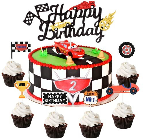 i-QiQi Race Car Cake Toppers, Happy Birthday Car Cake Toppers with Cartoon Traffic Sign Cupcake Toppers, Transport Cake Toppers for Boys Birthday Car Themed Baby Shower Party Cake Supplies Decorations