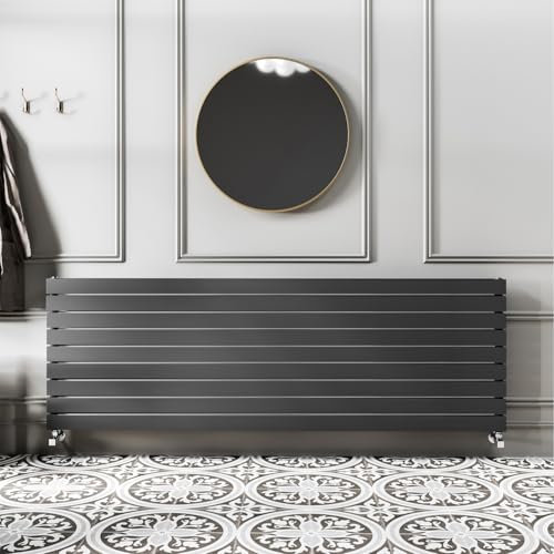 Go Bathrooms Pinta 610 x 1600mm Horizontal Radiator Anthracite Flat Panel Single Column Wall Mounted Designer Anthracite Grey Radiator Central Heating Includes Brackets