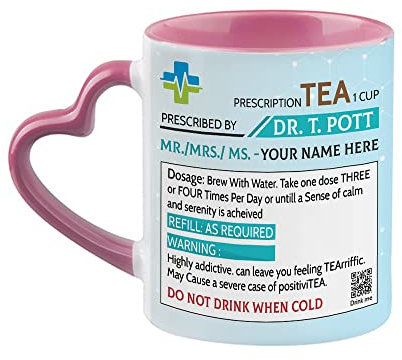 Getagift Personalised Name Tea Prescription Mug Ceramic Heart Handle Coffee Mug. (Pink)
