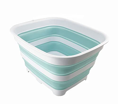 SAMMART 15L Collapsible Dishpan with Draining Plug - Foldable Washing Basin - Portable Dish Washing Tub - Space Saving Kitchen Storage Tray (White/Lake Green)
