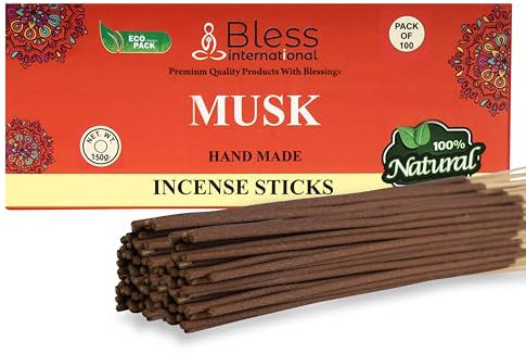 Bless-MUSK-Incense-Sticks 100%-Natural-Handmade-Hand-Dipped-Incense-Sticks Organic-Chemicals-Free For-Purification-Relaxation-Positivity-Yoga-Meditation The-Best-Woods-Scent (100 Sticks(150GM))