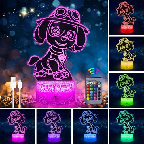 Paw dog Patrol Nachtlicht für Kinder, 3D Illusion Skye Lampe 16 Farben ändern dimmbar Paw dog Patrol Lampe für Mädchen Schlafzimmer Dekor, Paw dog Spielzeug Mädchen Geburtstag Weihnachtsgeschenke