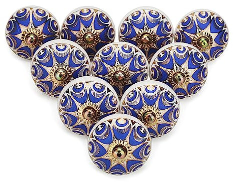 FURNISHFUL FINESSE Knobs for Cabinets and Drawers - Door Knobs for Cupboards Assorted Hand Painted Door Pull Handles for Dresser Kitchen Wardrobes Boho Home Interior Decor - Navy Blue -Pack of 10