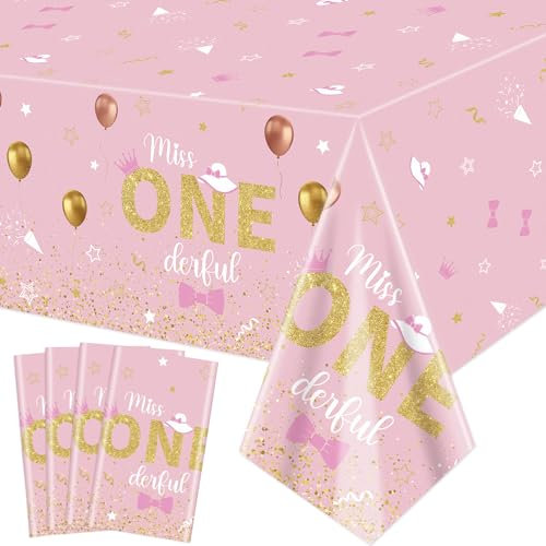 XJLANTTE | 4er-Pack Tischdecken zum 1. Geburtstag von Miss Onederful – rechteckige Tischdecken in Roségold, für Mädchen, Einjährige, Babyparty-Zubehör, 130 x 220 cm (Miss Onederful)